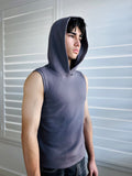 BIKINMOR Core Sleeveless Hoodie in Stone Grey front view with hood up