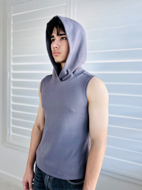 BIKINMOR Core Sleeveless Hoodie in Stone Grey three quarter front view