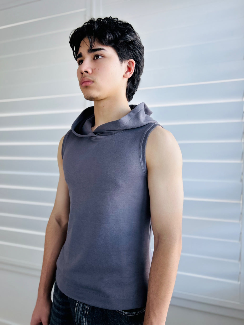 BIKINMOR Core Sleeveless Hoodie in Stone Grey front view with hood down
