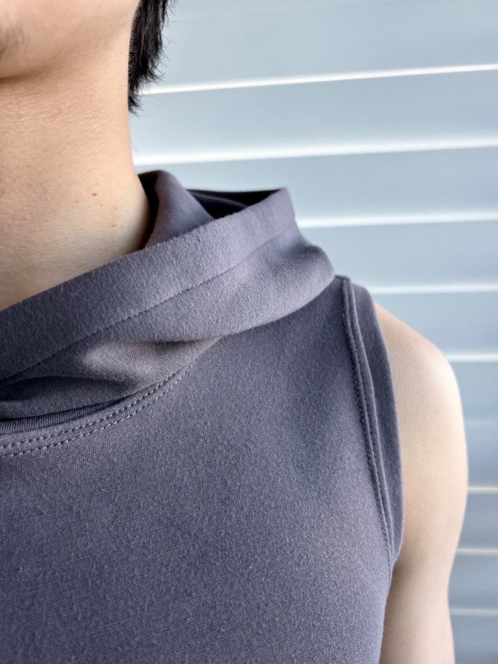BIKINMOR Core Sleeveless Hoodie in Stone Grey neckline and hood detail