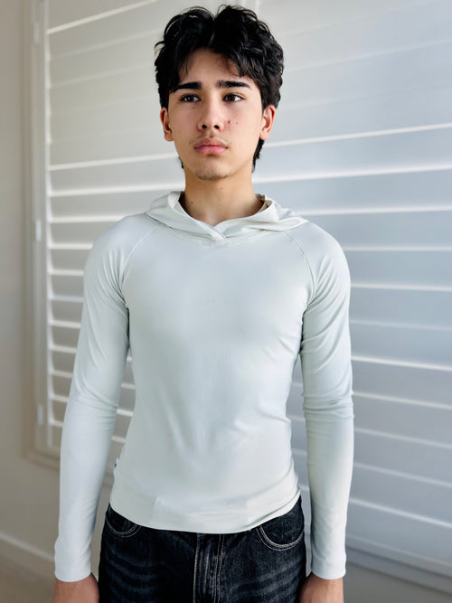 BIKINMOR Raglan Long Sleeve Hoodie in Recycled Reactivate Ivory — front view