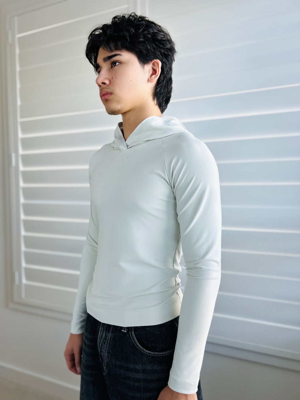 BIKINMOR Raglan Long Sleeve Hoodie in Recycled Reactivate Ivory — three-quarter view