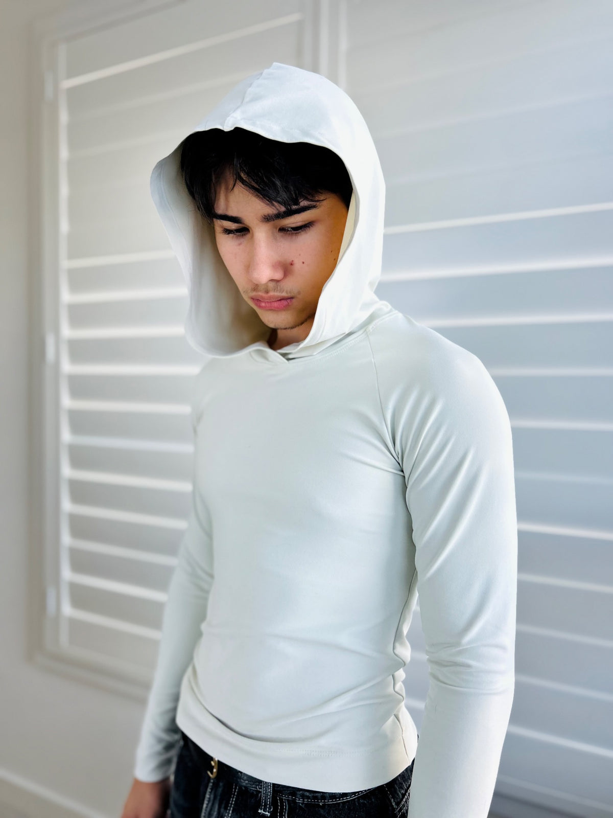 BIKINMOR Raglan Long Sleeve Hoodie in Recycled Reactivate Ivory — hood up