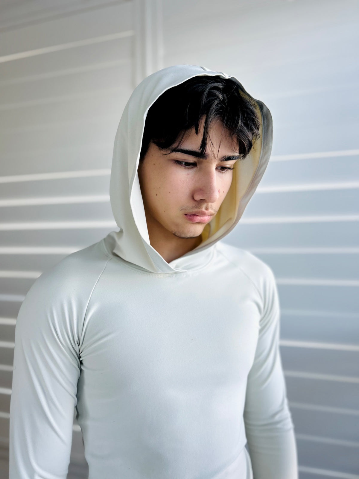 BIKINMOR Raglan Long Sleeve Hoodie in Recycled Reactivate Ivory — hood detail