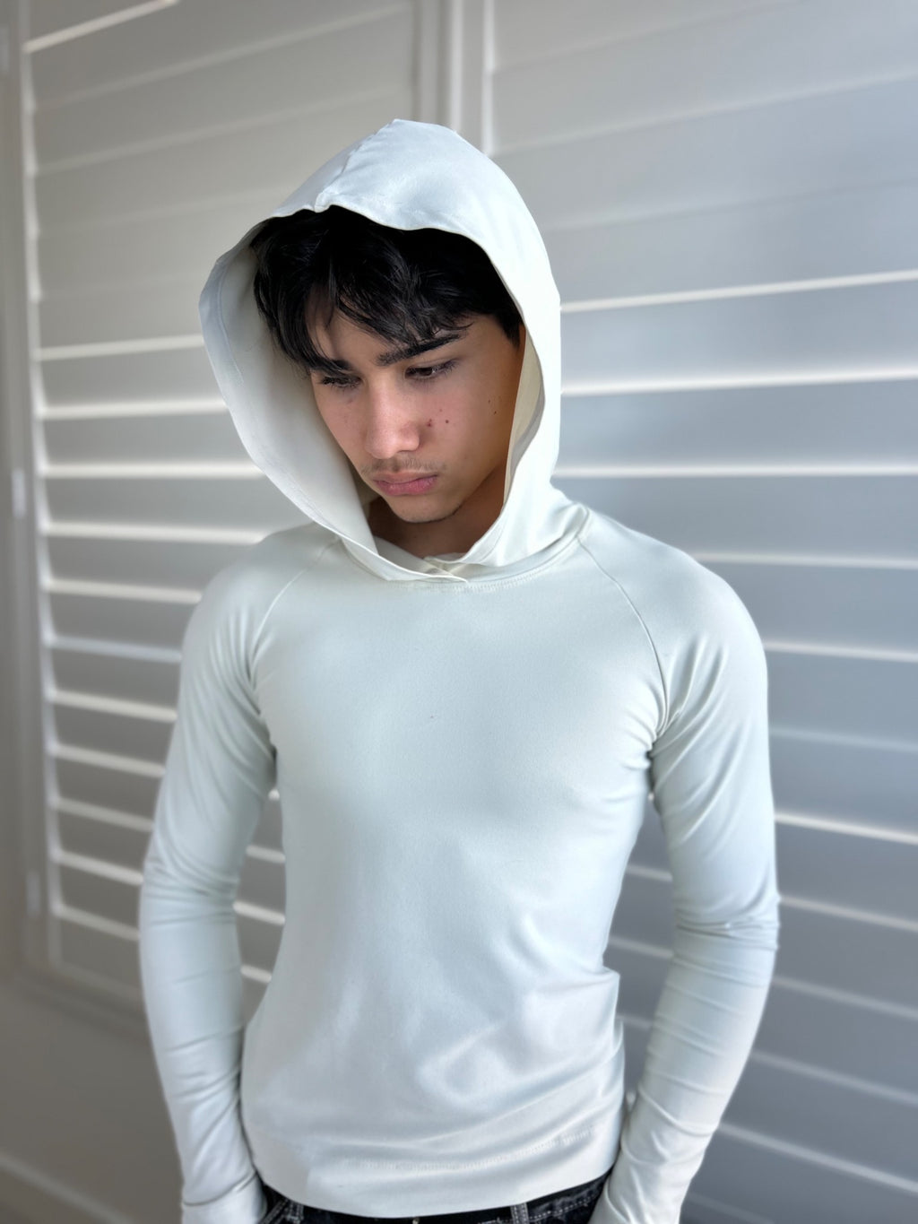 BIKINMOR Raglan Long Sleeve Hoodie in Recycled Reactivate Ivory — front hood up