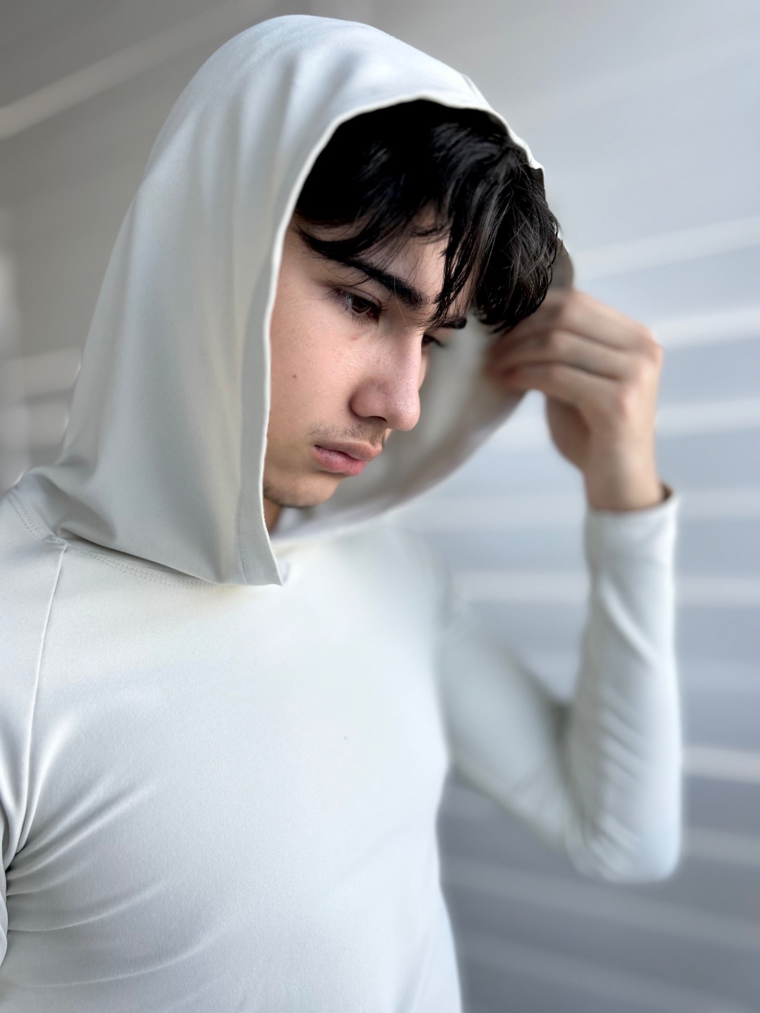 BIKINMOR Raglan Long Sleeve Hoodie in Recycled Reactivate Ivory — hood profile detail