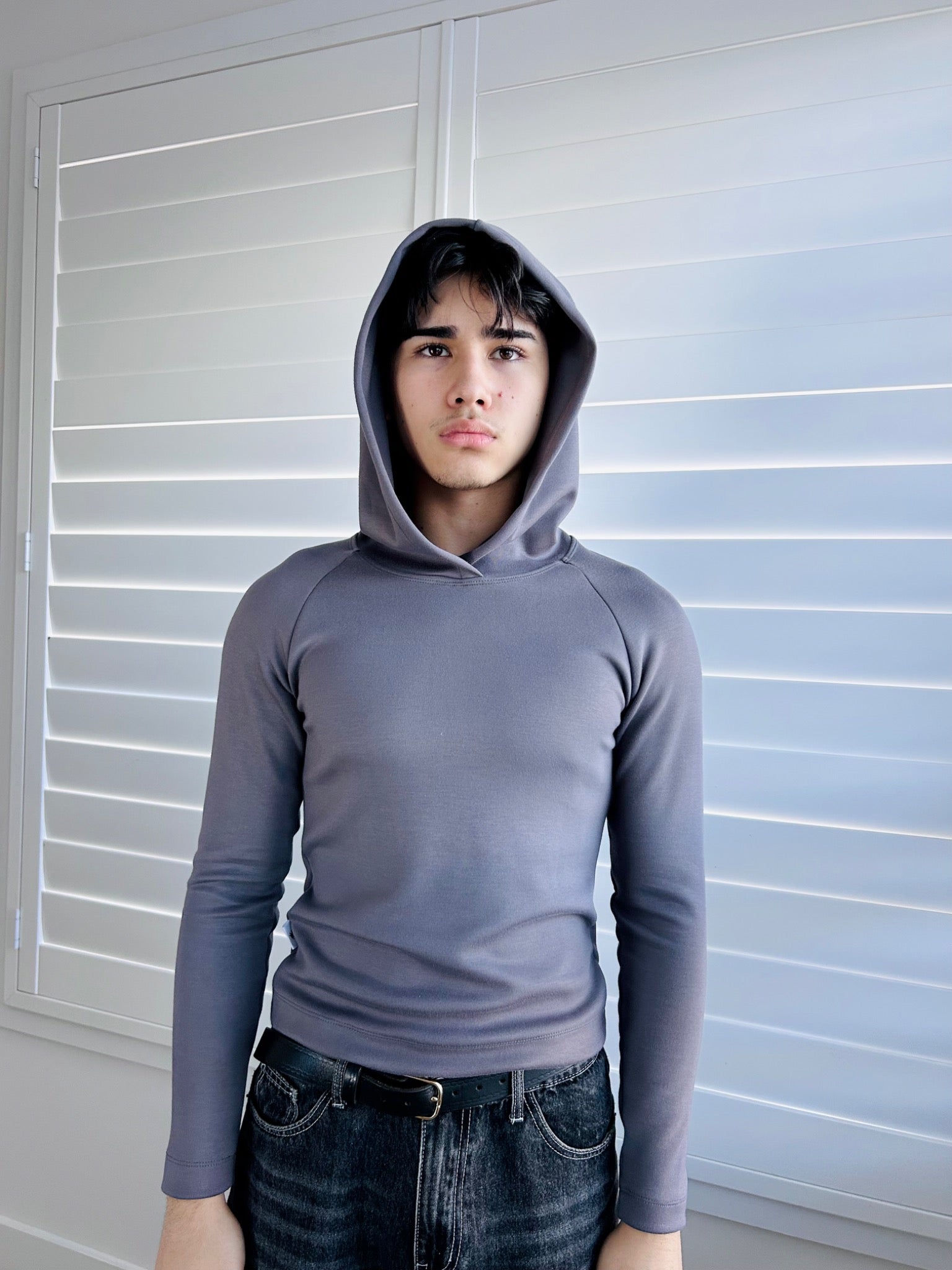 BIKINMOR Slim Fit Hoodie in Ecovero Cozy Stone Grey, front view with hood up