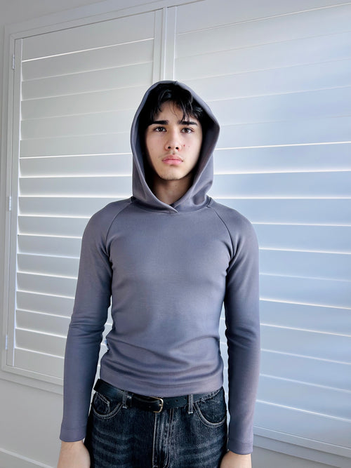 BIKINMOR Slim Fit Hoodie in Ecovero Cozy Stone Grey, front view with hood up