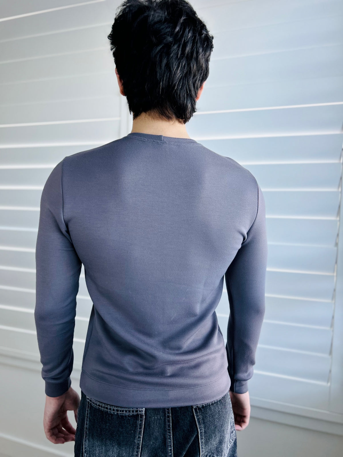 BIKINMOR Slim Fit Long Sleeve T-Shirt in Ecovero Cozy Stone Grey, size XS, back view