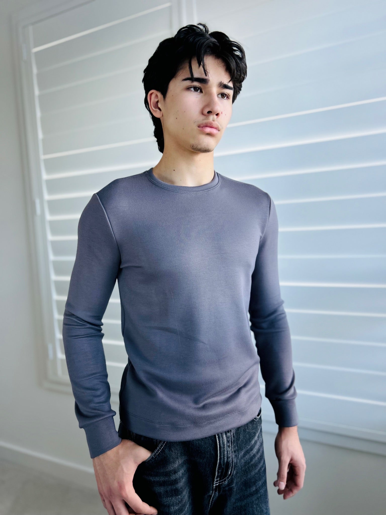 BIKINMOR Slim Fit Long Sleeve T-Shirt in Ecovero Cozy Stone Grey, size XS, front angle view