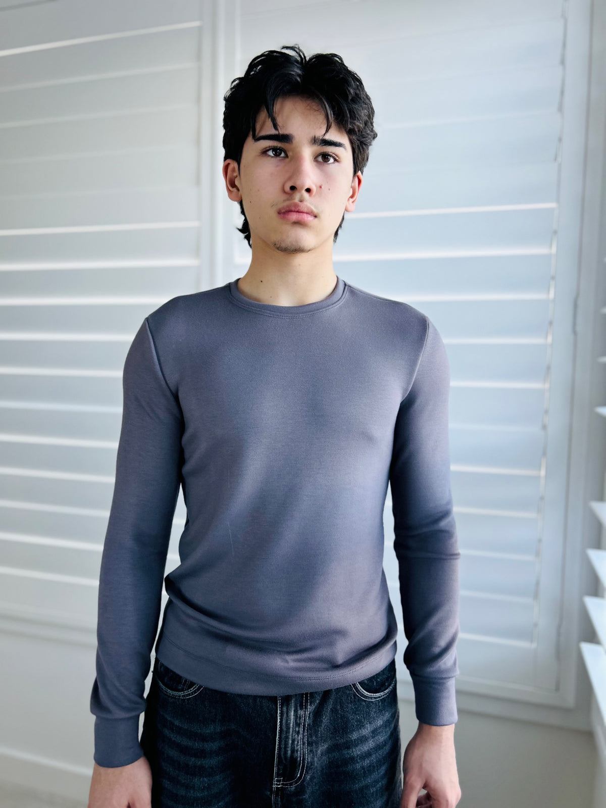 BIKINMOR Slim Fit Long Sleeve T-Shirt in Ecovero Cozy Stone Grey, size XS, front view