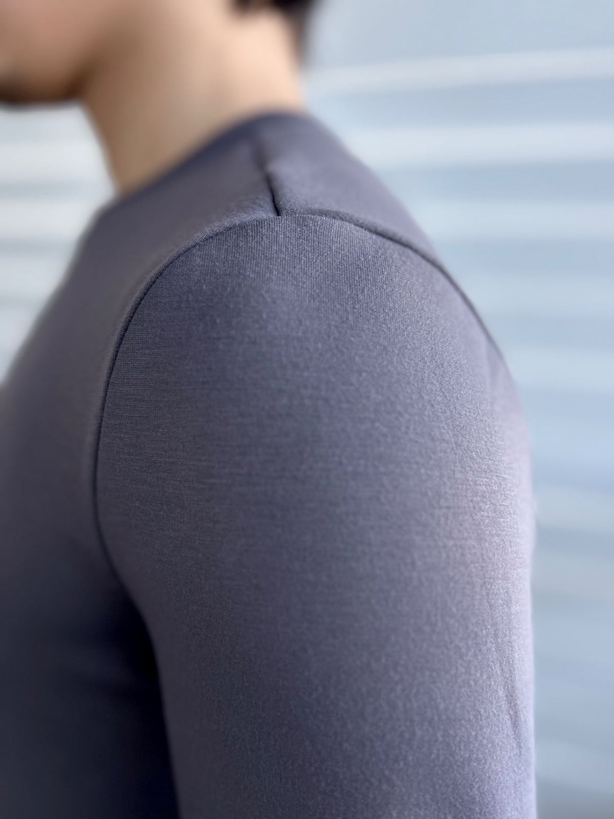 BIKINMOR Slim Fit Long Sleeve T-Shirt in Ecovero Cozy Stone Grey, size XS, three-quarter front view