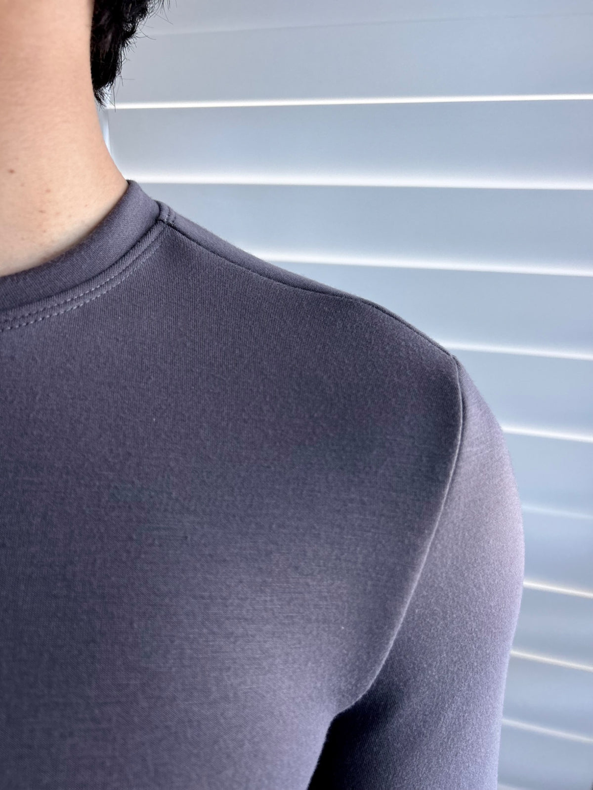 BIKINMOR Slim Fit Long Sleeve T-Shirt in Ecovero Cozy Stone Grey, neckline and fabric detail