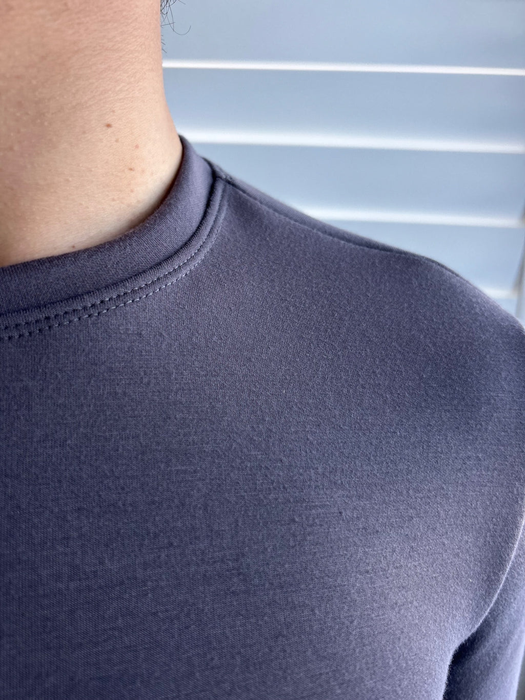 BIKINMOR Slim Fit Long Sleeve T-Shirt in Ecovero Cozy Stone Grey, shoulder seam and fabric detail