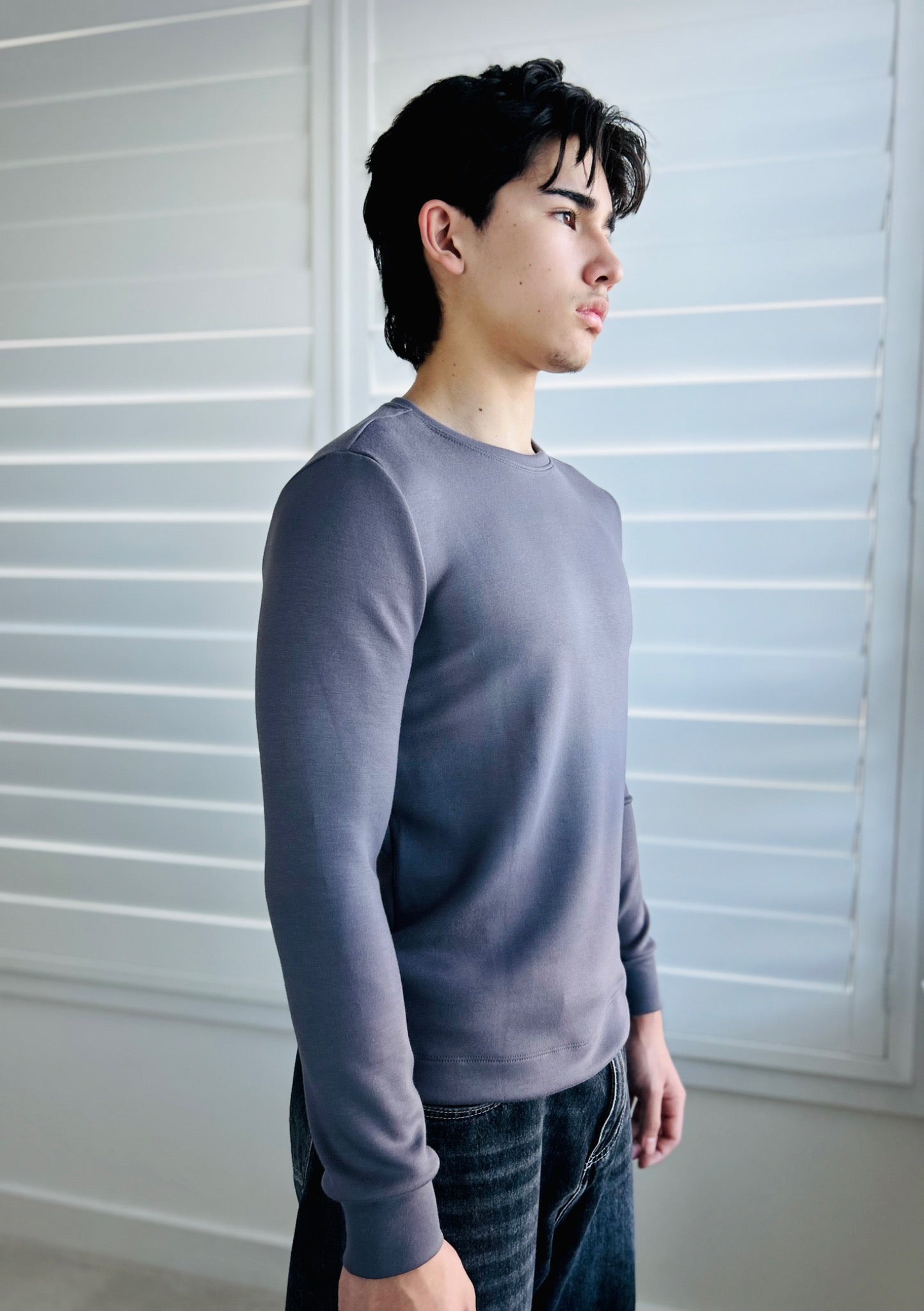 BIKINMOR Slim Fit Long Sleeve T-Shirt in Ecovero Cozy Stone Grey, size XS, side view