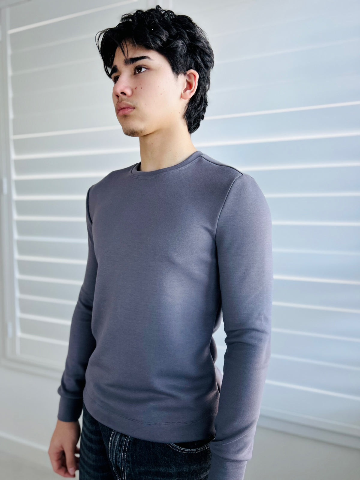 BIKINMOR Slim Fit Long Sleeve T-Shirt in Ecovero Cozy Stone Grey, size XS, three-quarter view